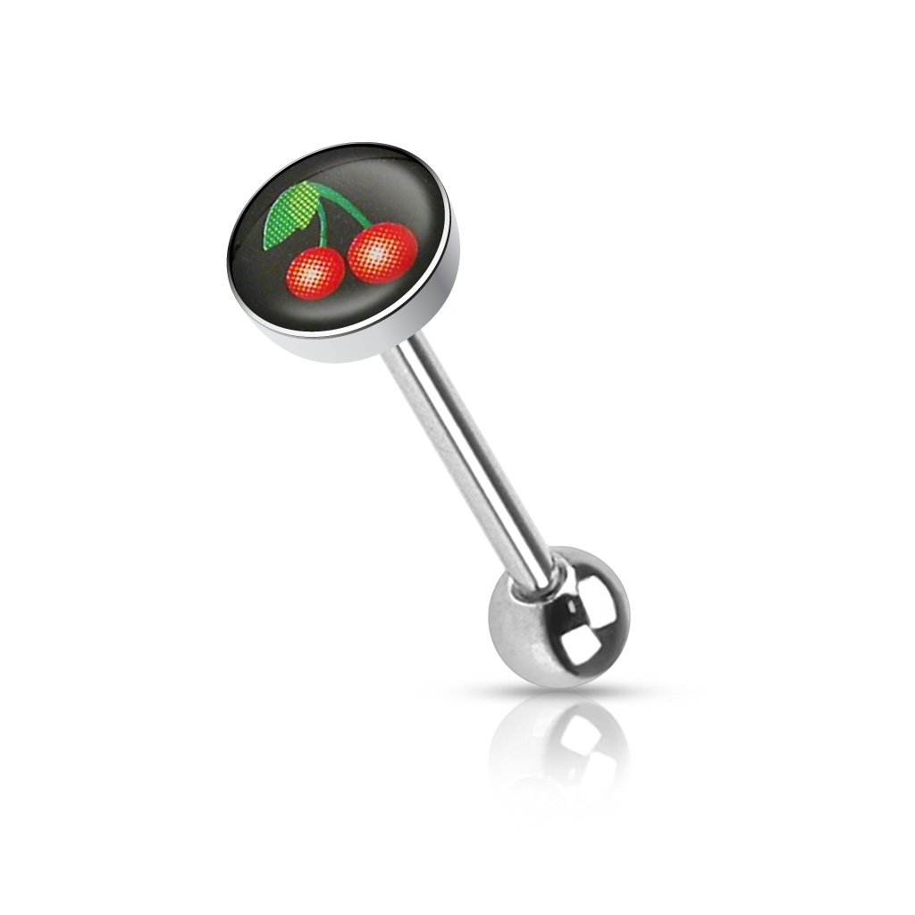 Red Cherry Picture Logo Tongue Ring Barbell 14 Gauge New Surgical Steel
